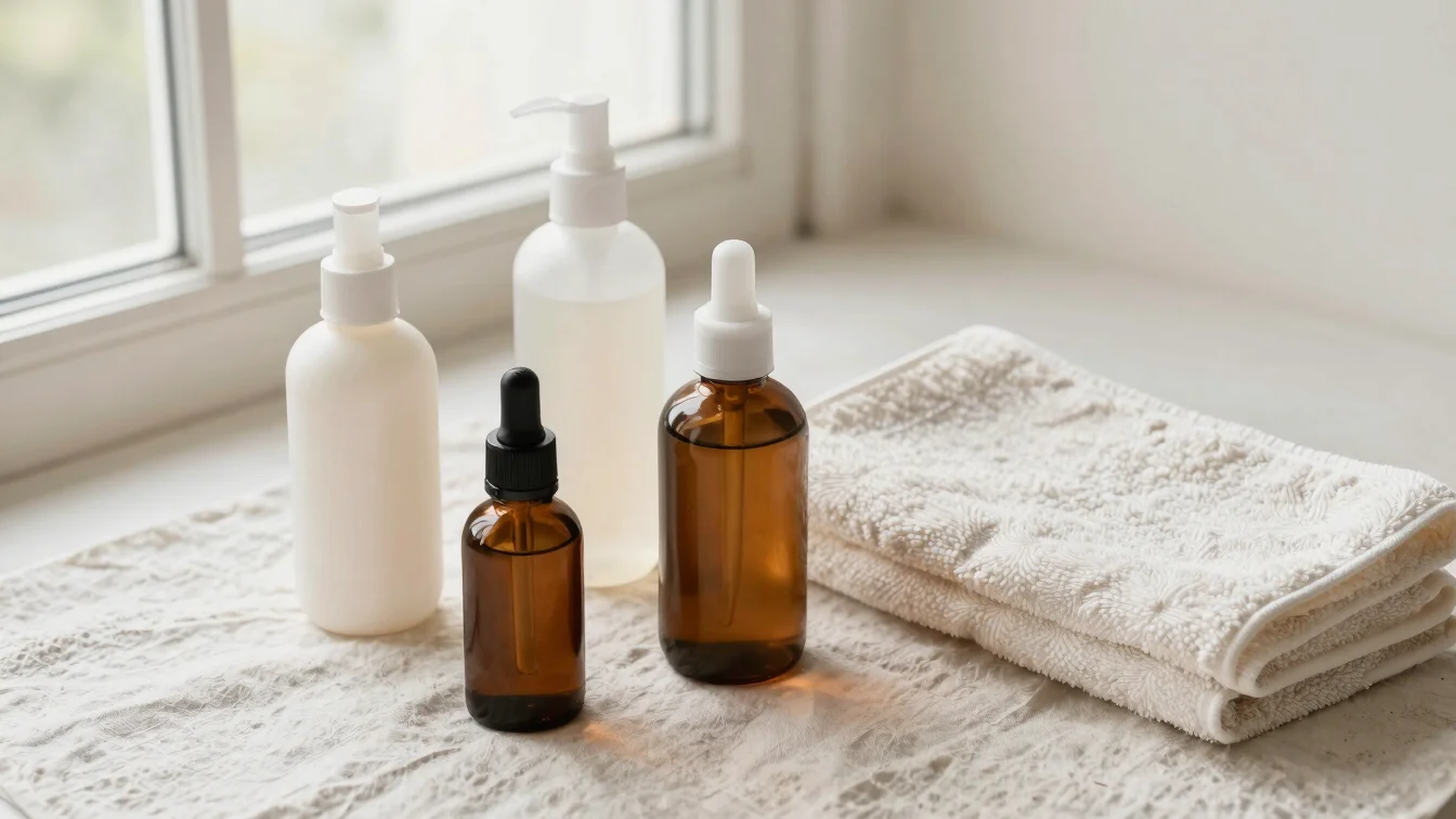 Overhead studio-style view of a few skincare bottles and a hand t