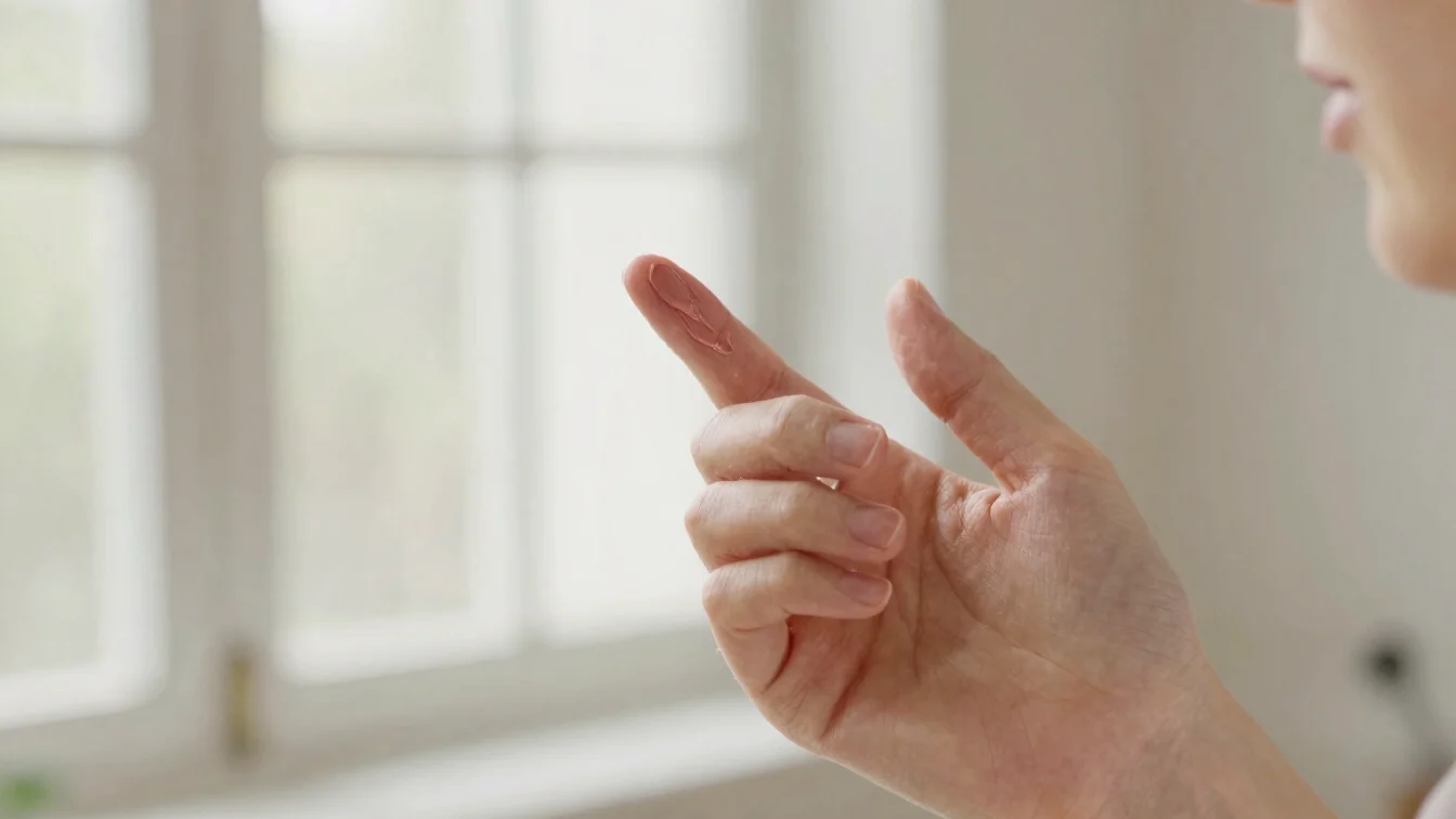 Close detail of a hand applying a cream blush with a fingertip, s