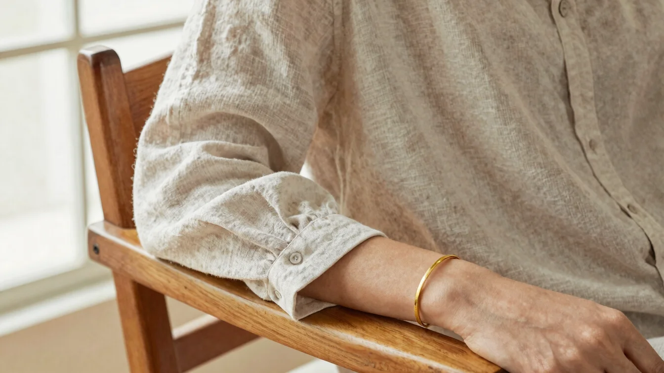Close detail of a linen blouse and a thin gold bracelet folded ov