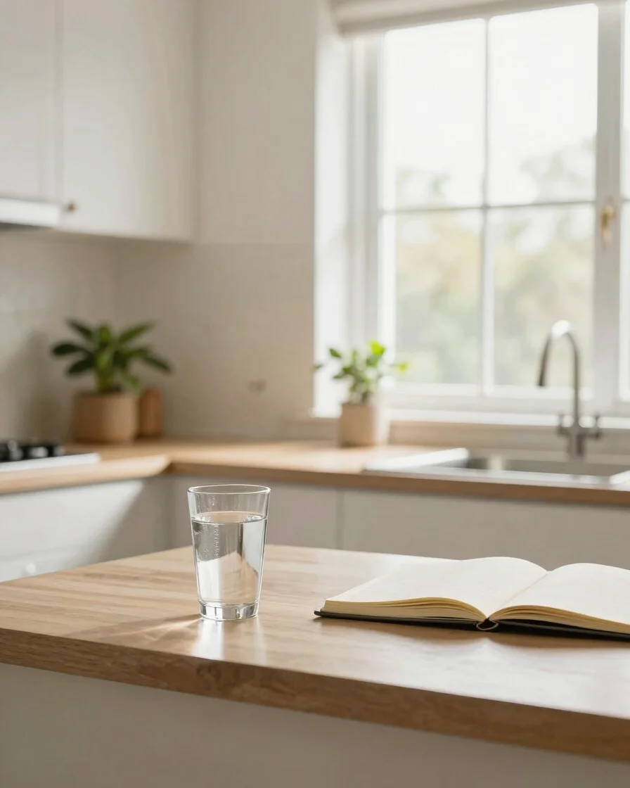 Wide environmental scene of a sunlit kitchen counter with a glass